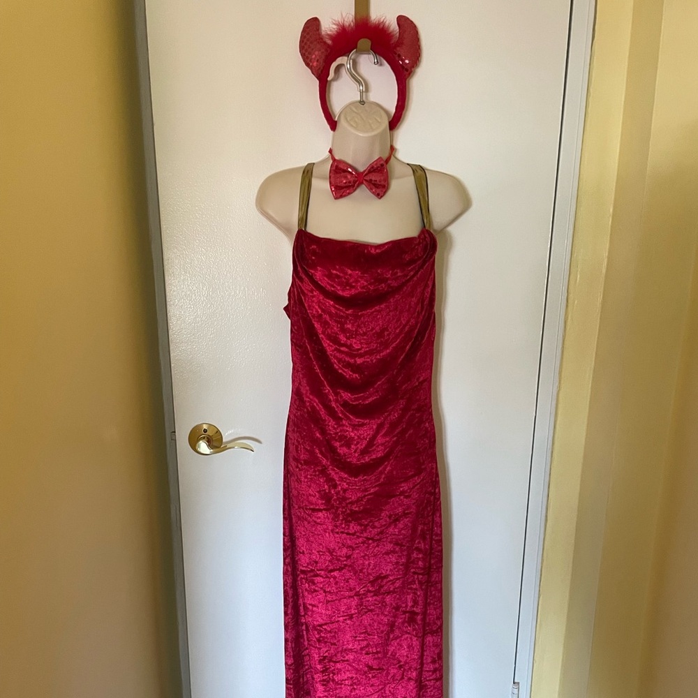 Red Velvet Sexy Devil Costume Dress with Headband and Clip On Tail